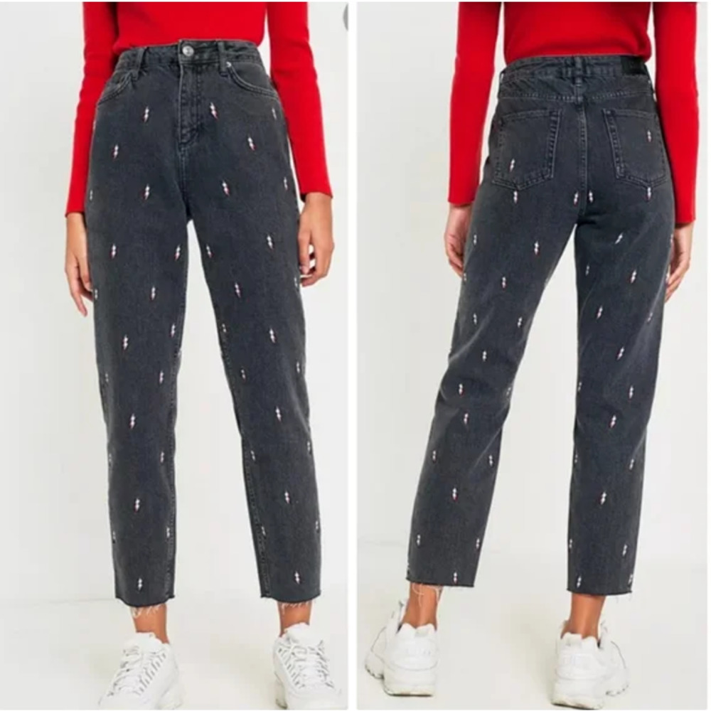 BDG Lightning Bolt Mom Jeans Embroidered Raw Hem, Black
